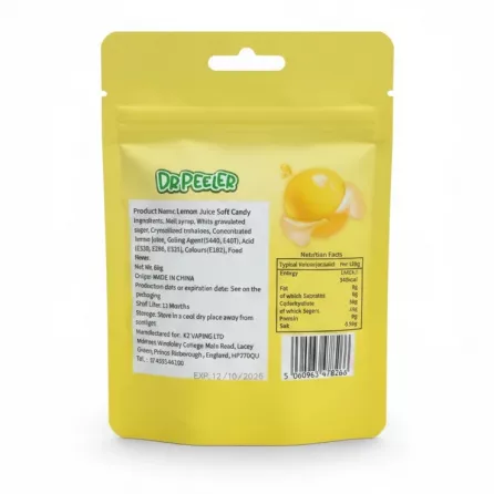 Pack of Dr Peeler Peelable Lemon Gummy Candy back with ingredients and nutrition