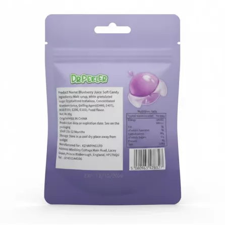 Dr. Peeler Peelable Blueberry Gummy Candy pouch back with ingredients and nutrition