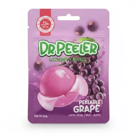 Dr Peeler Peelable Grape Gummy Candy front packaging showing grape flavour and halal certification