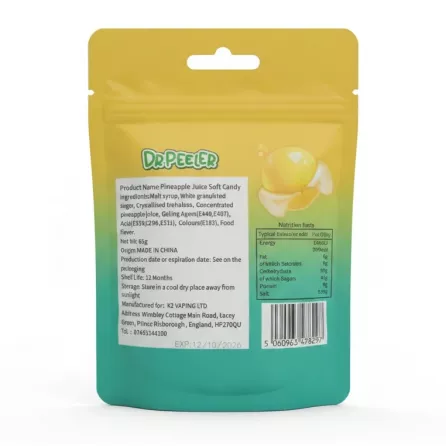 Dr Peeler Peelable Pineapple Gummy Candy back packaging with ingredients and nutrition facts