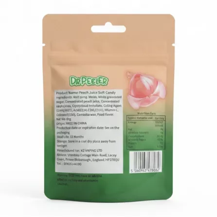 Dr Peeler Peelable Peach Gummy Candy packaging back with ingredients, nutrition facts, and barcode