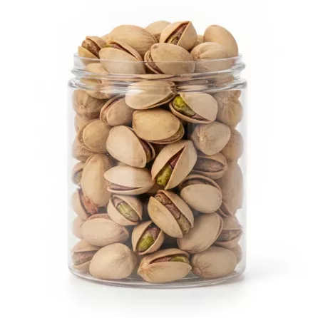 Close-up of salted pistachios in shells inside a clear container