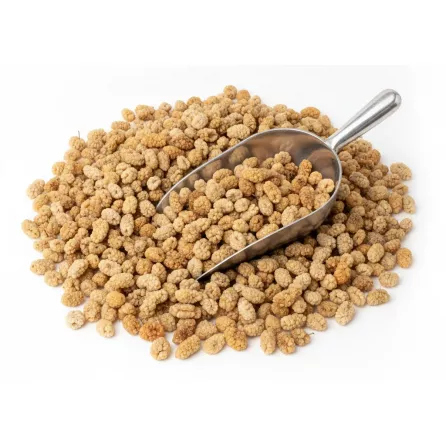 dried mulberries with price label and metal scoop