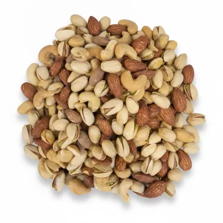close-up of mixed nuts including almonds, cashews, and pistachios
