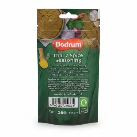Bodrum Thai 7 Spice Seasoning back packaging with ingredients and barcode