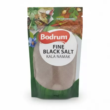 Bodrum branded pouch of fine black salt Kala Namak with herbal and spice designs on packaging