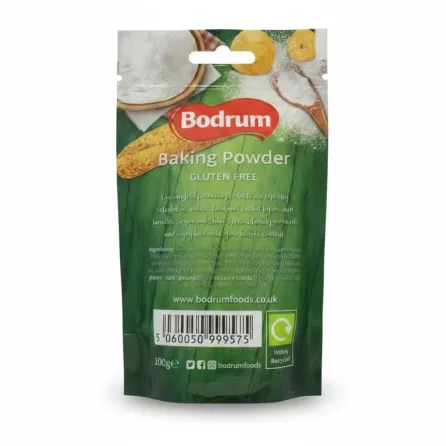 Bodrum Baking Powder gluten free rear packaging pouch with barcode and ingredients