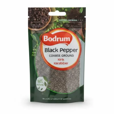 Packet of Bodrum coarse ground black pepper spice front view