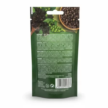 Packet of Bodrum coarse ground black pepper spice back view with ingredients and barcode