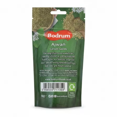 Back side of Bodrum Ajwan Carom Seeds packet showing barcode and product details