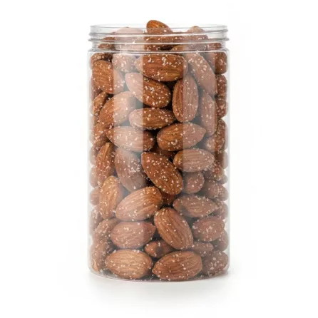 Bulk salted almonds with natural shells in plastic container