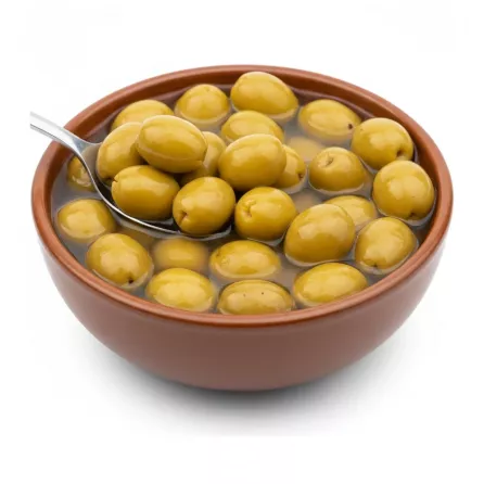 Pickled green olives in brine in a brown dish