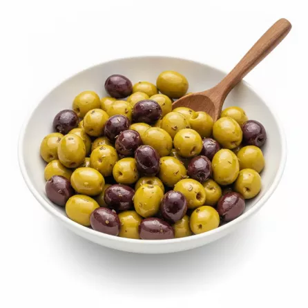 Mix of green and black olives marinated in herbs and oil