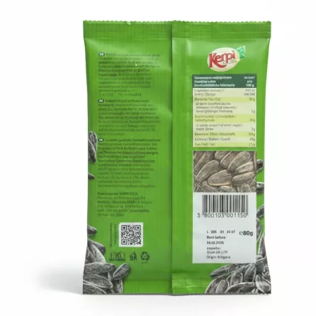 Kerpi Roasted Striped Sunflower Seeds back packaging with nutritional info and barcode
