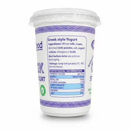 Ingredients and nutritional information on Cyprofood Greek Yogurt packaging