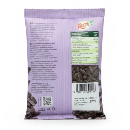 Back view of Kerpi roasted sunflower seeds package showing nutritional facts and barcode