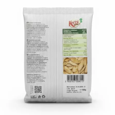 Kerpi Roasted Pumpkin Seeds back packaging with ingredients and nutritional facts