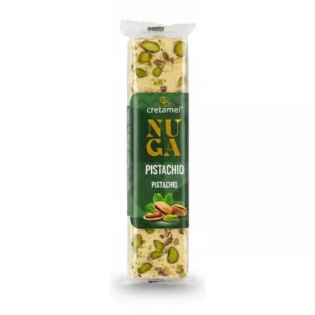 Front view of the Cretamel Pistachio Nougat Bar in clear packaging showing pistachios