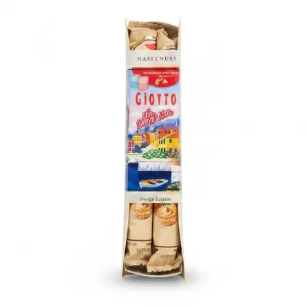 Ferrero Giotto hazelnut rolls box with colorful Italian inspired design