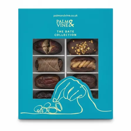 Box of assorted Palm & Vine dates with a blue outer packaging showing six dates