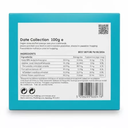 Back label of Palm & Vine Date Collection showing ingredients and nutritional information