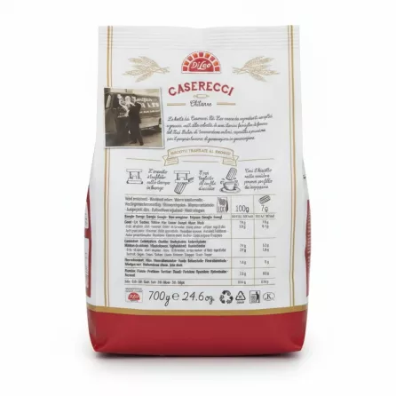Back side of Di Leo Caserecci Chitarre pasta packaging with nutritional info