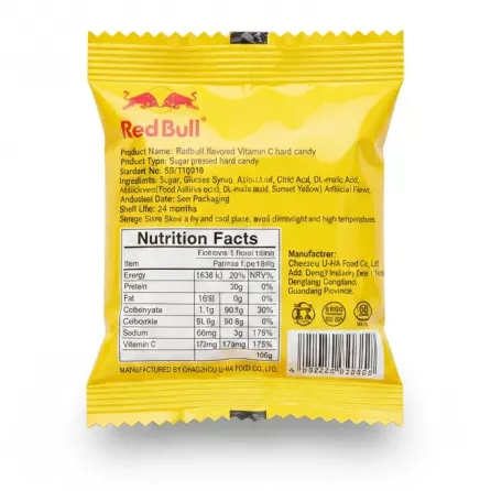Back of JinTian RedBull hard candy showing ingredients and nutrition info