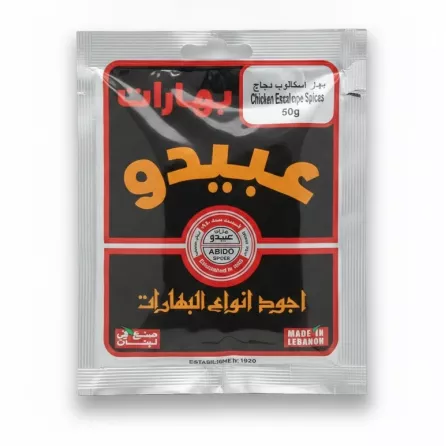 Front of Abido Chicken Escalope Spices 50g packet with bold orange and black design