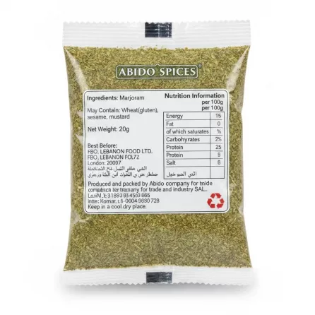 Back view of Abido marjoram spice packet showing ingredients & nutrition