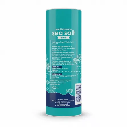 Costa Mediterranean Fine Sea Salt 750g container back view with ingredients and storage info