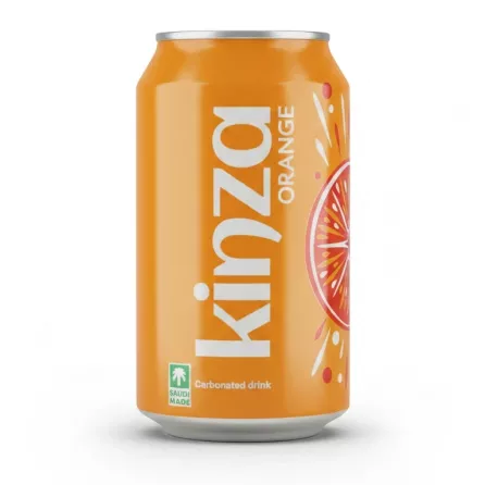 Side view of Kinza orange soda can showing brand name and 'Saudi Made' logo