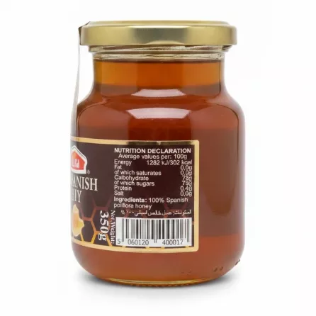 Nutrition facts and ingredients label on honey jar