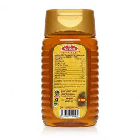 Back label of Garusana Spanish honey showing nutritional information and barcode