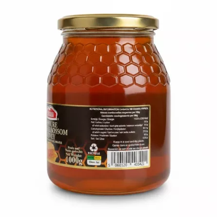 Back view of Garusana Spanish blossom honey jar showing nutritional information and barcode