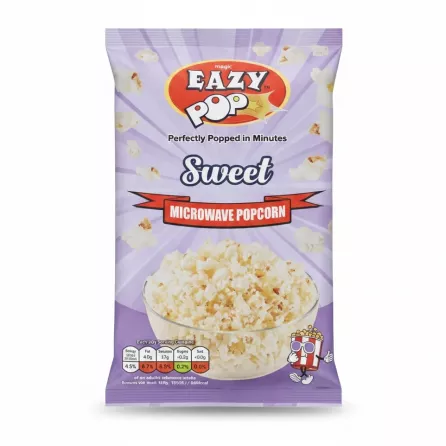 EazyPop Sweet Microwave Popcorn packet front showing bowl of popped popcorn