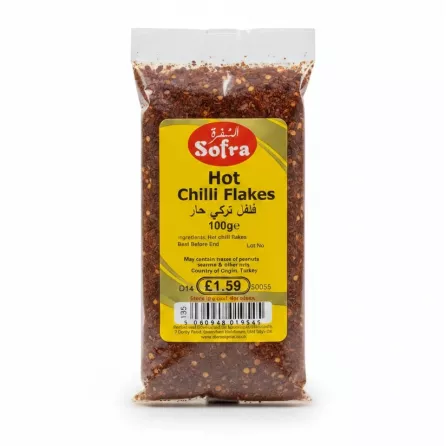 Sofra Hot Chilli Flakes pack showing label and red spicy flakes