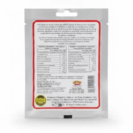 Back packaging with ingredients and nutritional information of Abido Ouzi Spices