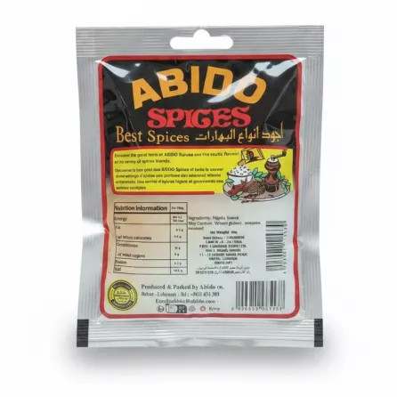 Packet of Abido Nigella Seeds back view with nutrition and ingredient details
