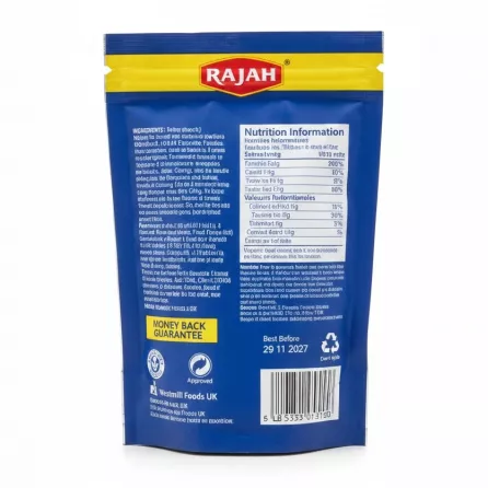 Back of Rajah Chilli & Lemon Seasoning packet with ingredients and nutritional info