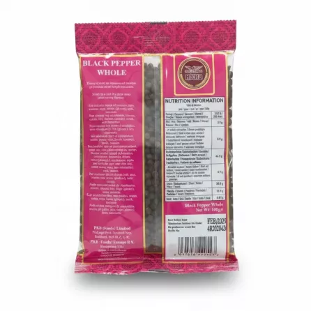 Back view of Heera Black Pepper Whole packaging with nutrition facts and storage details
