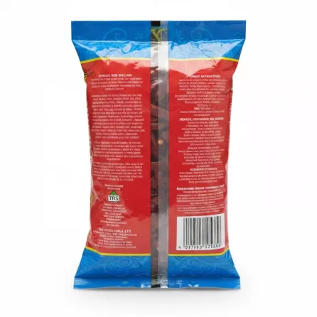Back view of TRS whole red chillies pack showing storage and ingredient information