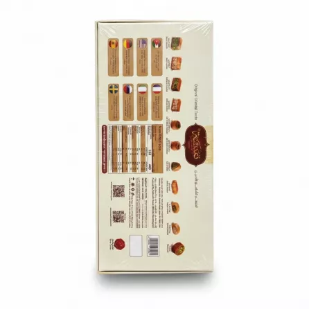 Back view of Nafeeseh baklava box showing nutritional info and assortment types