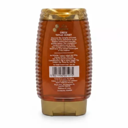 Back view of Royal Bee Greek Thyme Honey showing nutrition and barcode