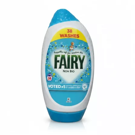 Front view of Fairy Non Bio laundry detergent bottle with 38 washes label