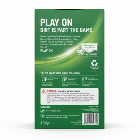 Persil Bio laundry powder box back with usage instructions and warnings