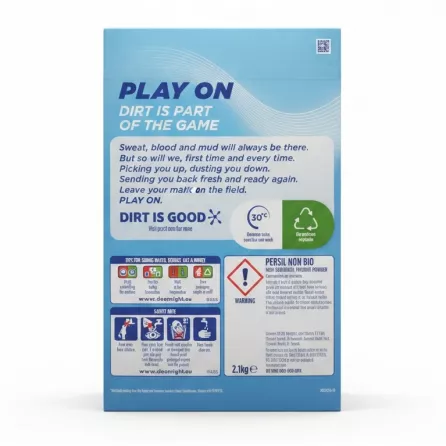 Back of Persil Non-Bio box showing washing instructions and safety advice