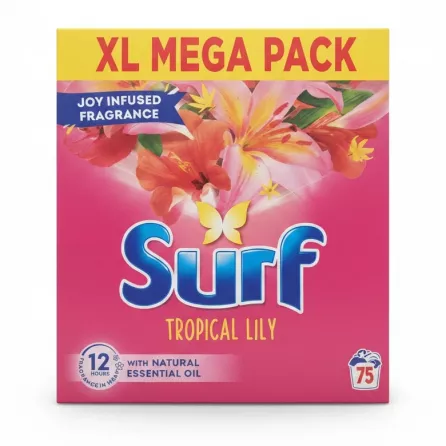 Front view of Surf Tropical Lily laundry powder XL mega pack