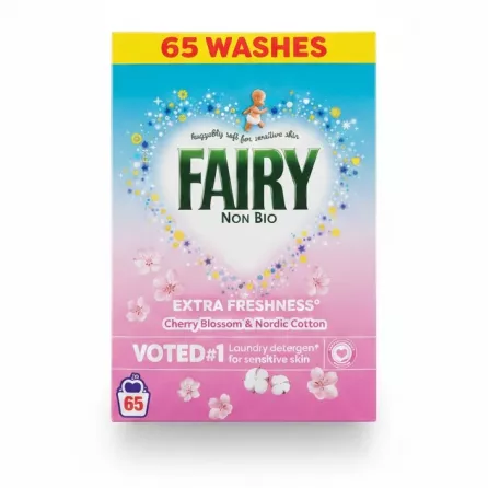 Fairy Non Bio laundry powder box with cherry blossom and Nordic cotton fragrance