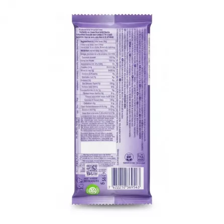 Back of Milka Milky White chocolate bar showing ingredients and nutritional facts