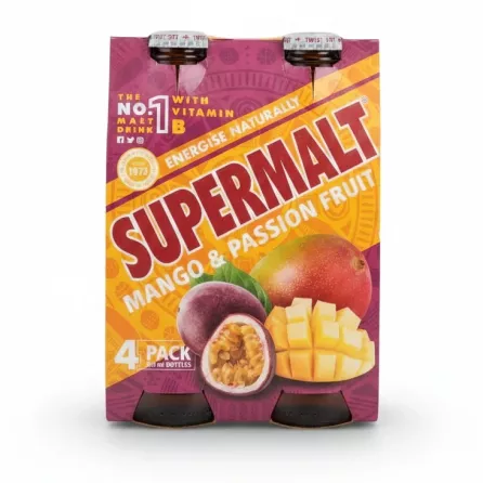 Pack of four Supermalt Mango & Passion Fruit 330ml bottles in vibrant orange and purple packaging